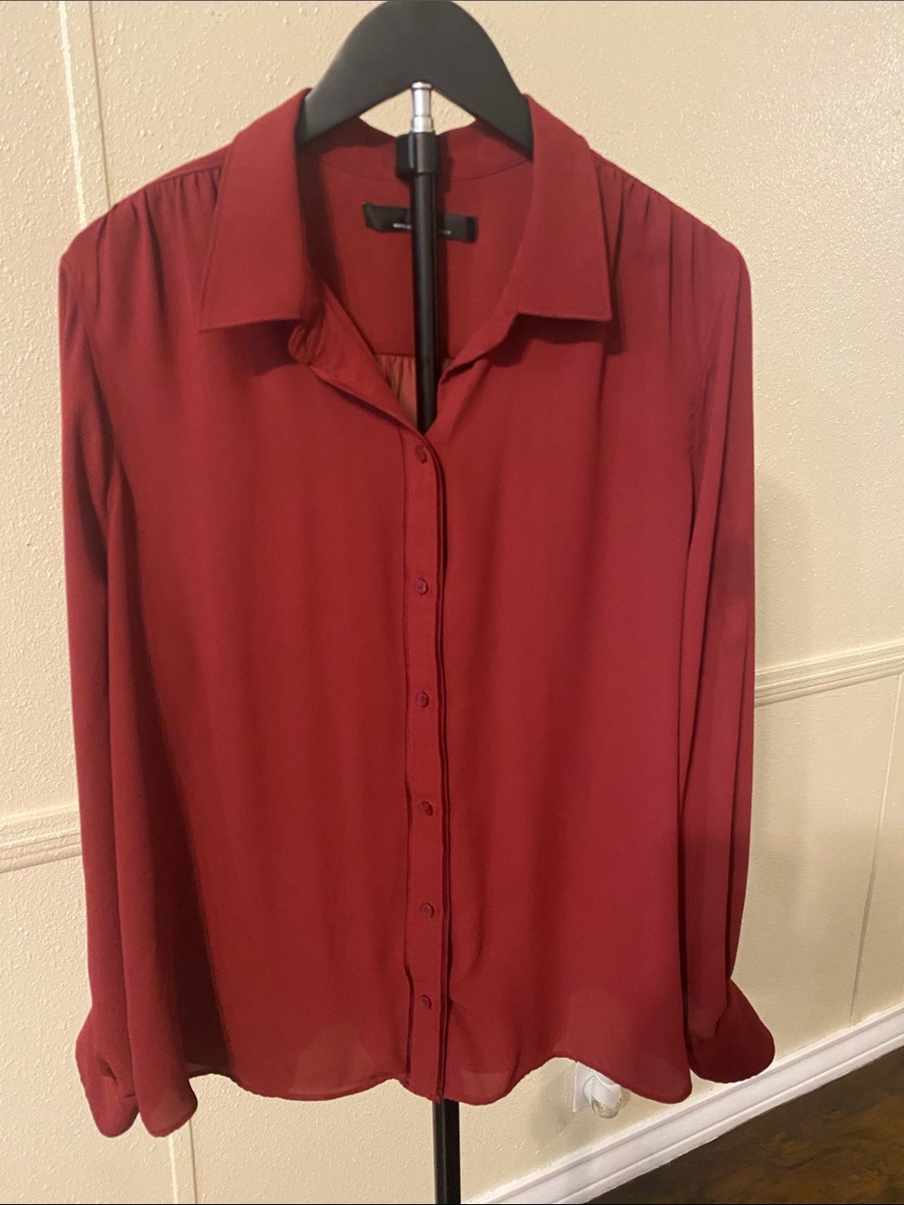 White House Black Market Burgundy Button-Front Long-Sleeve Blouse
